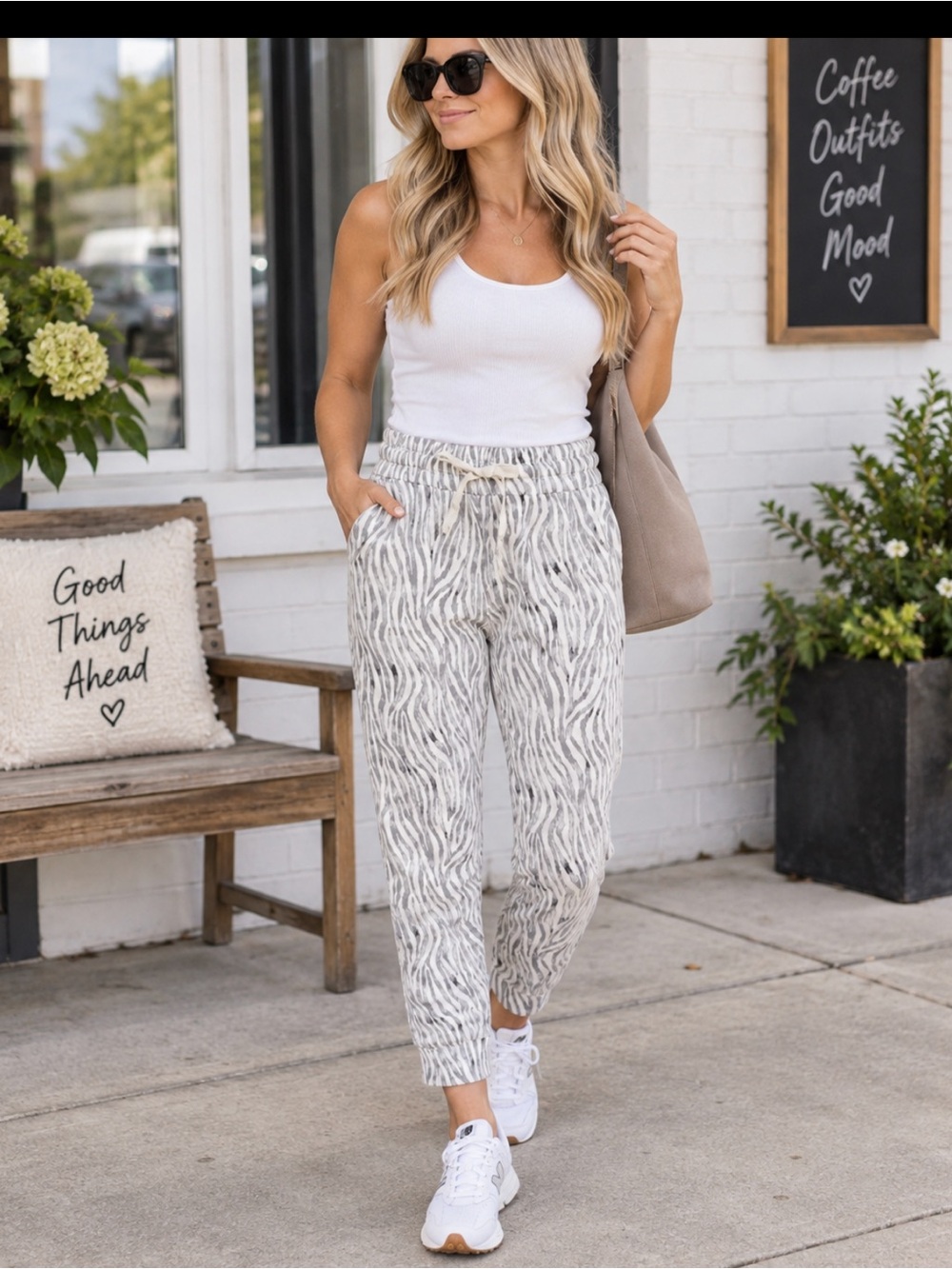 Neutral Zebra-Print Drawstring Joggers - Women